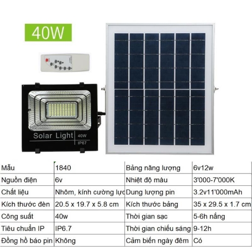 图片 Đèn led năng lượng mặt trời SUN-1840 40W, Đèn năng lượng mặt trời IP 67