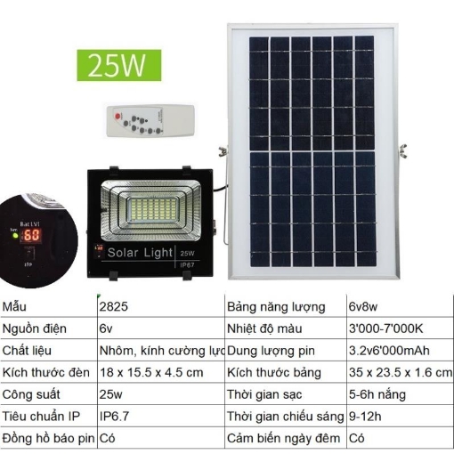 Ảnh của Đèn led năng lượng mặt trời SUN-2825 25W, Đèn năng lượng mặt trời IP 67 Có báo pin