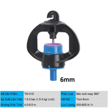Ảnh của Béc tưới xoay phun mưa TM-315, Béc tưới xòe 360°, Đầu tưới xoay tự động Trơn 6 mm
