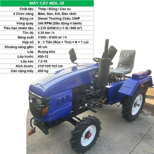 Ảnh của Máy cày Diesel MDL-35, Máy cày bánh lốp đa năng, Kèm 4 chức năng