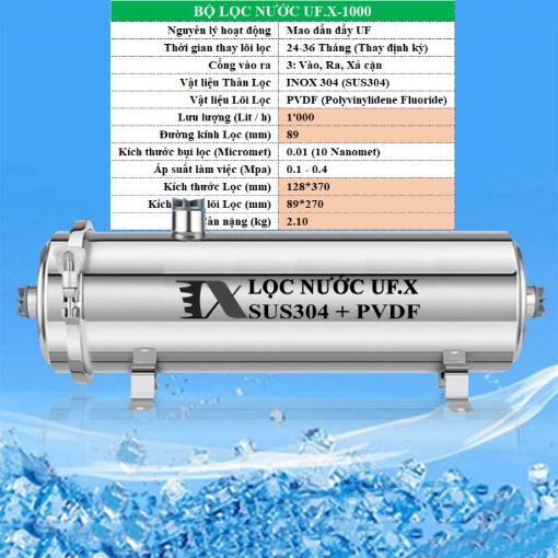Ảnh của Bộ Lọc nước UF.X-1000, Bình lọc nước sạch Inox 304 PVDF, Máy lọc nước đầu nguồn