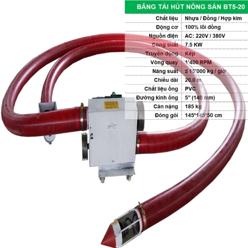 Gambar Băng tải hút nông sản BT5-20, Máy hút Trục vít Ống nhựa thu Lúa, Ngô, Đậu, Bột, Cà phê, Ca cao, Điều
